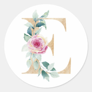 Sticker Rond Lettre E aquarelle avec roses