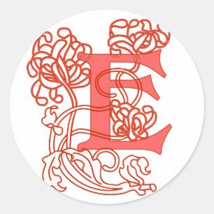 Sticker Rond Lettre E Monogramme Floral Art Nouveau Corail