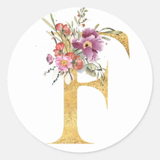 Sticker Rond Lettre F dorée avec fleurs (Devant)