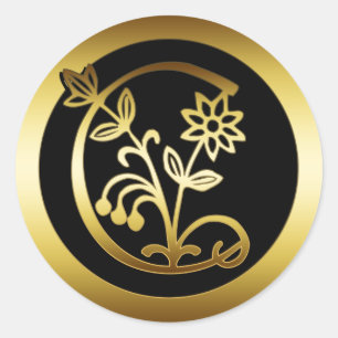 STICKER ROND LETTRE FLORALE C DE MONOGRAMME D'OR