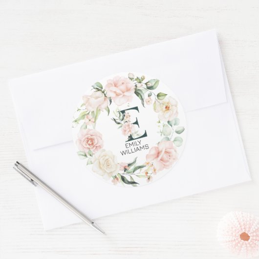 Sticker Rond Lettre florale initiale E cadre floral (Enveloppe)