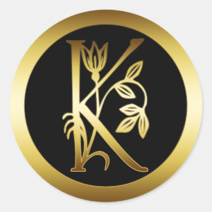 STICKER ROND LETTRE FLORALE K DE MONOGRAMME D'OR