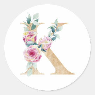 Sticker Rond Lettre K aquarelle avec des roses