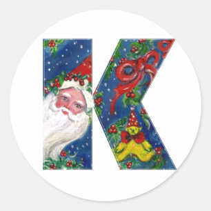STICKER ROND LETTRE K DE NOËL / SANTA CLAUS AVEC RIBBON ROUGE