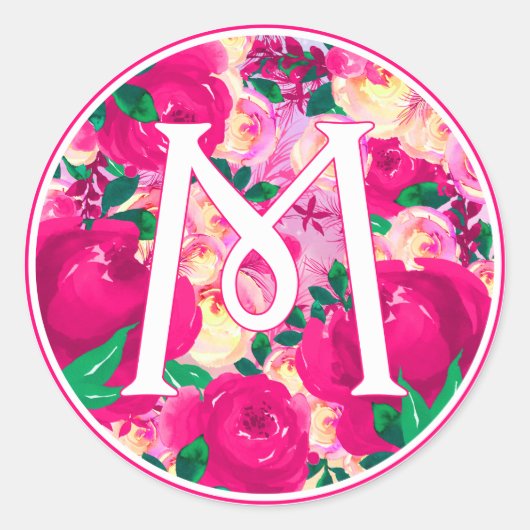 Sticker Rond Lettre M Aquarelle rose Monogramme circulaire (Devant)