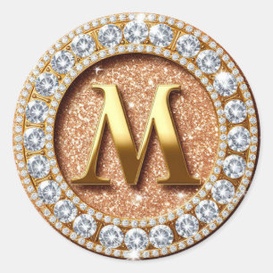 Sticker Rond Lettre M de monogramme sur fond de paillettes d'or