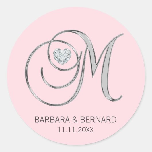 Sticker Rond LETTRE M Mariage MONOMOBILE EN ARGENT ROSE BLANC (Devant)