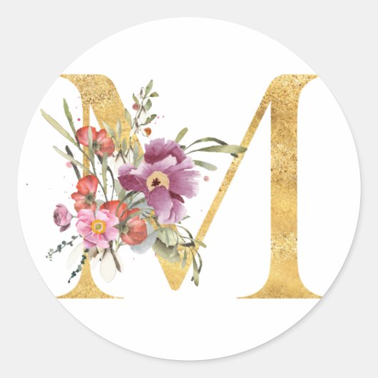 Sticker Rond Lettre M MONOGRAM d'or avec fleur (Devant)