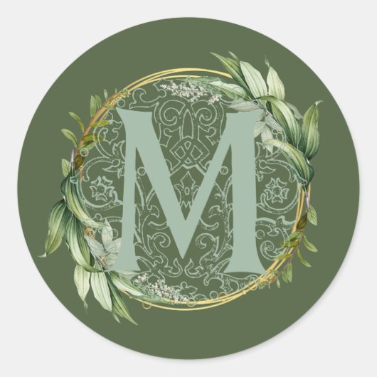 Sticker Rond Lettre M Monogramme Feuilles verts botaniques init (Devant)