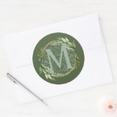 Sticker Rond Lettre M Monogramme Feuilles verts botaniques init (Enveloppe)