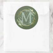 Sticker Rond Lettre M Monogramme Feuilles verts botaniques init (Sac)
