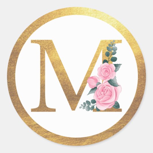 Sticker Rond Lettre M Monogramme Roses rose Floral & Elegant Or (Devant)