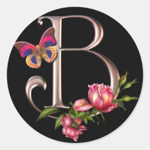 STICKER ROND LETTRE MONOGRAMME B AVEC ROSES ET BUTTERFER