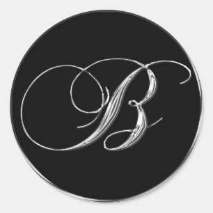 Sticker Rond Lettre Monogramme B Sliver sur sceau Mariage noir