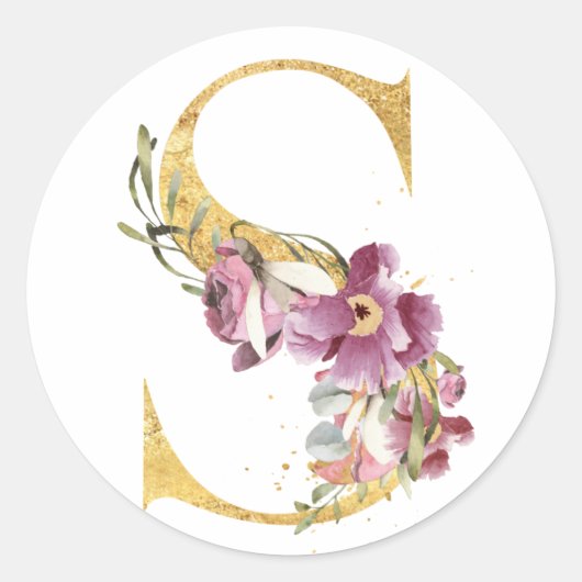 Sticker Rond Lettre MONOGRAMME D'OR S avec fleur (Devant)