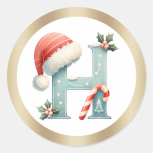 Sticker Rond Lettre monogramme H, chapeau de Père Noël Noël  Au