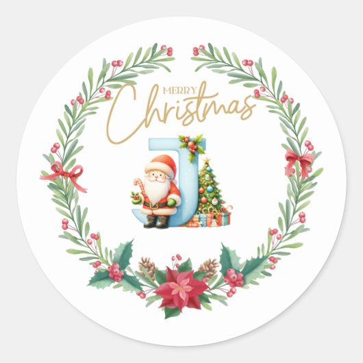 Sticker Rond Lettre monogramme J, couronne de Noël avec Père No (Devant)
