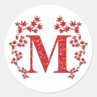 Sticker Rond Lettre monogramme M Feuilles rouges