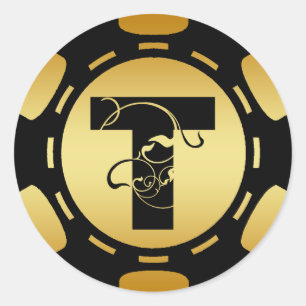 STICKER ROND LETTRE MONOGRAMME NOIR ET OR T POKER CHIP