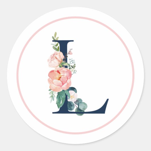 Sticker Rond Lettre Monogramme noire L avec Fleur rose (Devant)