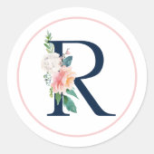Sticker Rond Lettre Monogramme noire R avec Fleur rose (Devant)
