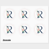 Sticker Rond Lettre Monogramme noire R avec Fleur rose (Feuille)
