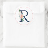Sticker Rond Lettre Monogramme noire R avec Fleur rose (Sac)