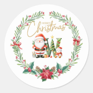 Sticker Rond Lettre monogramme W, couronne de Noël avec Père No