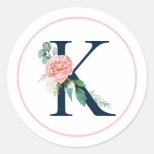 Sticker Rond Lettre monographie noire K avec fleurs roses