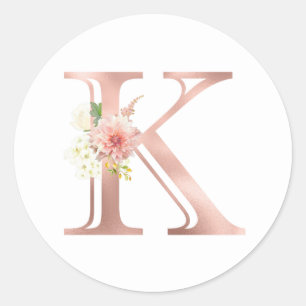 Sticker Rond LETTRE MONOGRAPHIQUE D'OR K FLORAGE ROSE BLANC ros