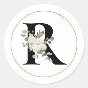 Sticker Rond LETTRE MONOGRAPHIQUE FLORALE BLANCHE Élégante R SU