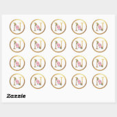 Sticker Rond Lettre N Monogramme Roses roses rose Floral & Or É (Feuille)