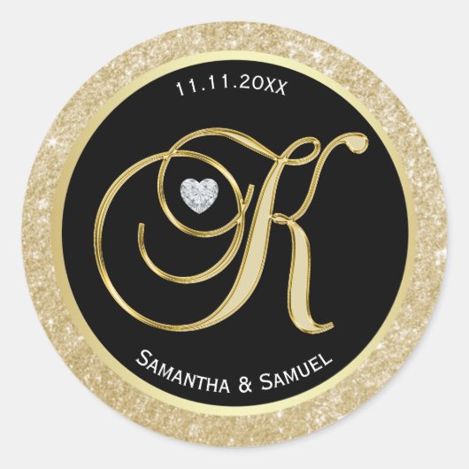 Sticker Rond Lettre or noir Monogramme "K" Mariage (Devant)