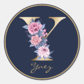 Sticker Rond Lettre or Y Monogramme bleu rose Floral (Devant)