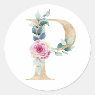 Sticker Rond Lettre P aquarelle avec roses