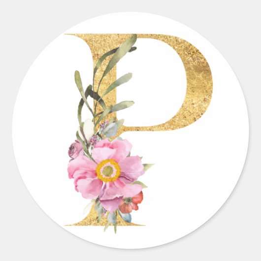 Sticker Rond Lettre P monogramme or avec fleur (Devant)