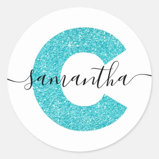 Sticker Rond LETTRE Parties scintillant Turquoise Fille C MONO (Devant)