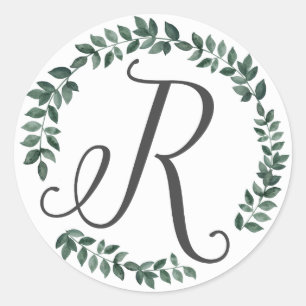 Sticker Rond Lettre R Monogramme Minimaliste Feuille Botanique 