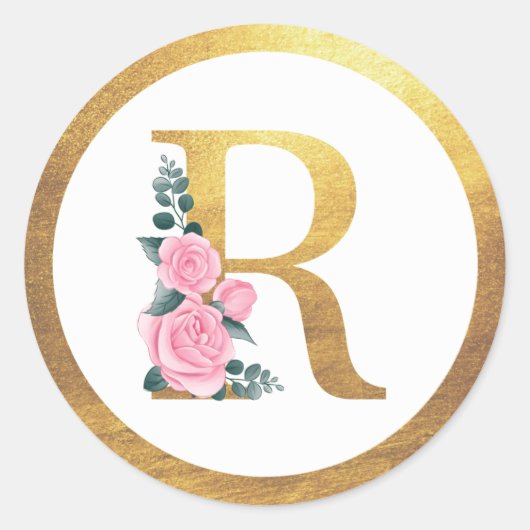 Sticker Rond Lettre R Monogramme Roses roses rose Floral & Eleg (Devant)