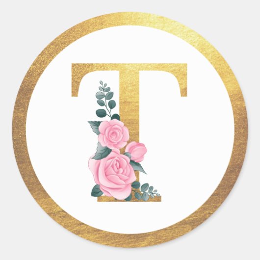 Sticker Rond Lettre T Monogramme Roses rose Floral & Elegant Or (Devant)