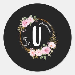 Sticker Rond Lettre U Floral Wreath Name Initial U Mother'S Day