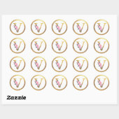 Sticker Rond Lettre V Monogramme Roses roses rose Floral & Or É (Feuille)