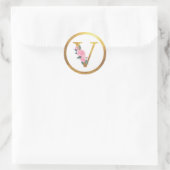 Sticker Rond Lettre V Monogramme Roses roses rose Floral & Or É (Sac)