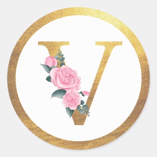 Sticker Rond Lettre V Monogramme Roses roses rose Floral & Or É (Devant)