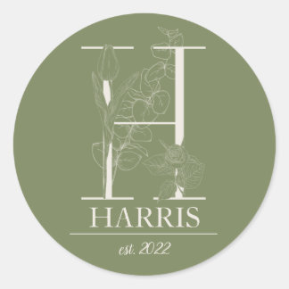 Sticker Rond Lettre Vintage florale verte ornement H Monogramme