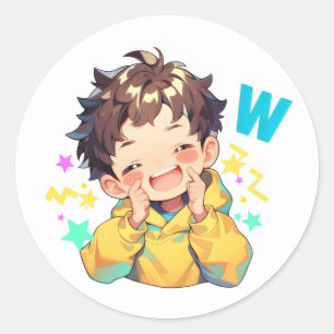 Sticker Rond Lettre W Garçon Anime Heureux
