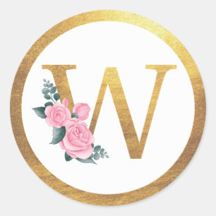 Sticker Rond Lettre W Monogramme Roses roses rose Floral & Eleg