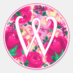 Sticker Rond Lettre W Pink Watercolor Monogramme du cercle flor