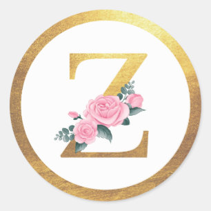 Sticker Rond Lettre Z Monogramme Roses rose Floral & Elegant Or