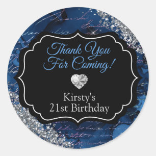 Sticker Rond Lettres de sirène bleue Paillettes argentées Merci